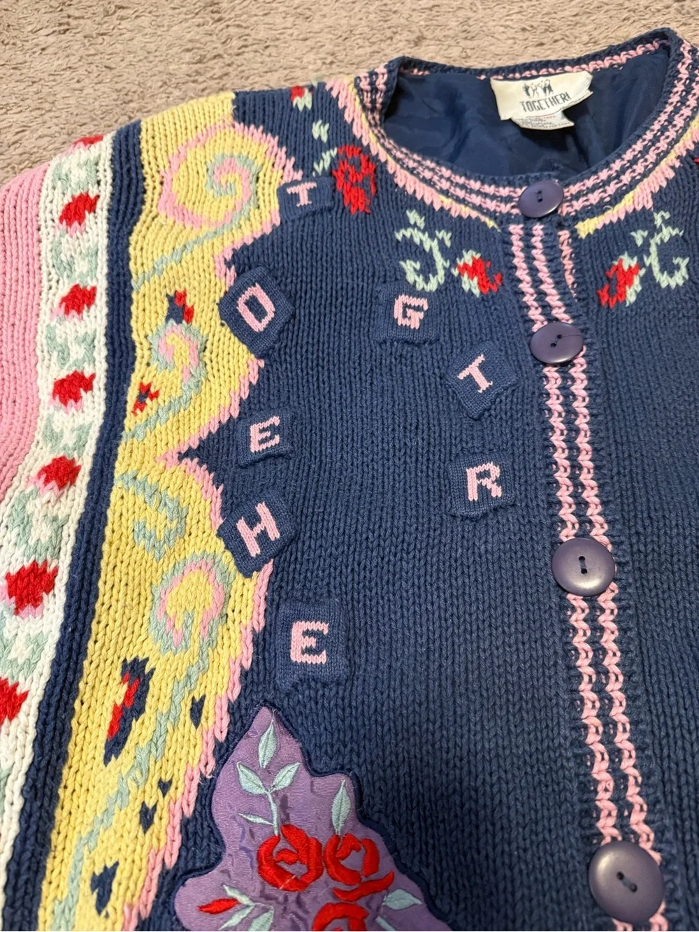 Together Navy button Knit Cardigan with Pink and Yellow Accents